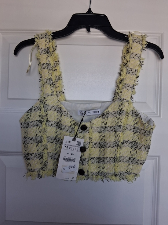 Zara Tops - ZARA Yellow Tweed Cropped Button Tank Festival Clueless 90s Fringe Plaid